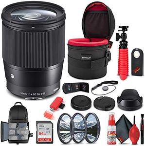 Sigma 16mm f/1.4 DC DN Contemporary Lens for Micro Four Thirds (402963) Bundle + Backpack + 64GB Card + Lens Case + Card Reader + 3 Piece Filter Kit + Cleaning Set + Flex Tripod + More