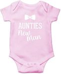 Funnwear Auntie's New Man - Auntie Loves Me New Aunt Reveal - Funny Cute Infant Boy Romper, One-Piece Baby Bodysuit, Pink, Newborn