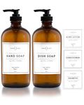 Vine Creations Amber Glass Soap Dispenser 2 Pack, Thick 16oz Glass Bottles with Rustproof Pump, Modern Kitchen Bathroom Decor, Hand Soap and Dish Soap Dispenser Jar, with Waterproof Labels (Amber)