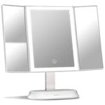 Fancii Large Makeup Mirror with Natural LED Lights, Lighted Trifold Vanity Mirror with 5x & 7x Magnifications - Dimmable Lights, Touch Screen, Cosmetic Stand - Sora (White)