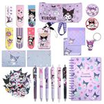 HASTHIP® 23Pcs Kawaii Kuromi School Supplies Set, Kawaii Stationeries Set with Notebook Pencil Pouch, Click Pens, Card Holder, Book Markers, 50Pcs Kuromi Stickers, Note Stickers, Girls School Gift Set