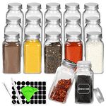 15 Pcs Glass Spice Jars with Spice Labels,6oz Empty Square Spice Bottles with Shaker Lids and Airtight Metal Caps,Chalk Marker and Silicone Collapsible Funnel Included