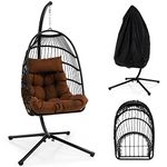 Tangkula Patio Egg Chair with Stand, Hanging Egg Swing Chair with Waterproof Cover, Removable Pillow & Cushion, PE Rattan Hammock Chair with Rustproof Steel Frame for Indoor and Outdoor Use (Brown)