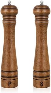 Pack of 2 Wood Pepper Grinder Set, XWXO 10 Inch Salt Mill & Pepper Grinder Set, Pepper Mill, Salt Shakers with Adjustable Ceramic Rotor - Oak Wood Pepper Grinder & Salt Mill for Your Kitchen, Brown