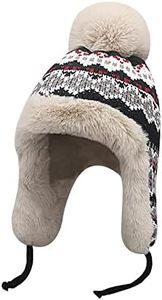 YJZQ Women's Fleece Lined Ski Hat Thick Floral Knit Pom Pom Bobble Beanie Cap Hat with Ear Flap for Ladies Winter Hat Cap for Teenage Girls, Grey, One size