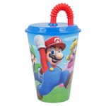 Stor Super Mario 430ml, Kids Cup with Lid and Straw-Multicolored Cup for Children - Nintendo Switch Game Fans- Reusable, Plastic, Perfect for every occasion