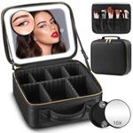 Makeup Bag with Mirror and Light 3 Colors, Travel Makeup Bag with Mirror Portable Lighted Makeup Bag Organizer, Cosmetic Storage Case with 2-Layers Adjustable Dividers & 10X Magnifying Mirror(Black)