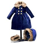 The Queen's Treasures 18" Doll Clothes Outfit, Blue Velvet 1800's Style Polyester-Fur Trimmed Coat, Hat, and Hand Warmer, Compatible for Use with American Girl Dolls, Doll NOT Included