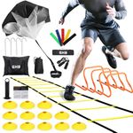 GHB Agility Ladder,Football Training Equipment Set,4 Agility Hurdles, 20 feet 12 Rungs Speed Ladder,12 Disc Cones,Resistance Parachute, Jump Rope, 5 Resistance Bands for Workout