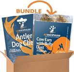 Bundle – Jumbo Cow Ears with Bully Stick Flakes (10-Pack) and Split Small Elk Antler for Dogs (4-5”) – All Natural, Long Lasting, Digestible Dog Treats for Small, Medium and Large Aggressive Chewers