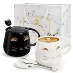 Nicunom 2 Pack Ceramic Cat Mug with Gift Box, Coffee Mugs for Cat Lovers Couples, 13.5 Oz Mug with Lid & Spoon, Cute Cat Mug Gifts for Wedding Birthday Mother's Day Father's Day