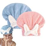 FCHUH Super Absorbent Hair Towel Wrap Wet Hair, 2/4PCS Microfiber Wrap, Bow-Knot Button-Free Coral Fleece Dry Hat, Turbans Long Thick Curly Blue+pink