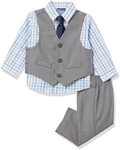 NAUTICA Baby Boys' 4-Piece Set with Dress Shirt, Vest, Pants, and Tie, Light Grey/Blue Check, 18 Months