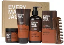 Every Man Jack Mens Aged Bourbon Beard Set - Five Full-Sized Grooming Essentials For a Complete Routine - Beard + Face Wash, Beard + Face Lotion, Hydrating Beard Oil, Beard Butter, and Beard Comb