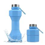 VAODO Collapsible Dumbbell Water Bottle, Travel Camping Cup Foldable Water Bottle with Carabiner, for Outdoor Sports, Gym, Camping, 650ml, Blue