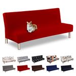 Lydevo Armless Sofa Bed Cover Stretch Spandex Futon Slipcover Protector Armless Sofa Cover 3 Seater Elastic Universal fits Folding Sofa Bed Leather Couch Covers without Armrests,Red