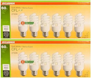 LEDVANCE (12 Bulbs) Sylvania CFL T2 Twist Light Bulb, 2700K Soft White, 60 watt Equivalent, Efficient 13 watts, 850 Lumens, Medium Base - 12 Pack Compact Fluorescent