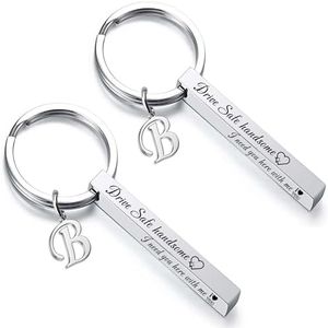 Personalized 4 Sided Keychain,Stainless Steel Vertical Cuboid Bar Keychain,Custom Message Free Engrave Name Initial KeyChain (2 Pack Silver)