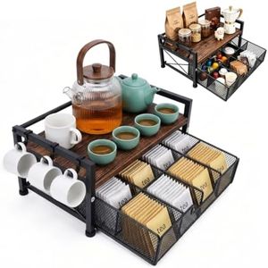 HOYWOUL Tea Bag Coffee Bar Organizer,Teabag Holder & Coffee Station with Storage Drawer,Wood Tea Station Chest Display Container Box for Countertop Kitchen (Rustic Brown)
