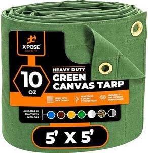 Xpose Safety Canvas Tarp - 10oz Green Poly Canvas Tarps Heavy Duty Water Resistant with Brass Grommets- Multipurpose Outdoor Tarpaulin for Camping, Canopy, Trailer, Equipment Cover 5' x 5'