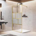 Bathroom Shower Glass Door, Modern Grid Shower Door 34 * 78 Inch, 5/16"(8mm) Clear Tempered Glass and Frosted Glass Shower Panel, Brushed Gold