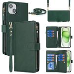 Copmob Crossbody iPhone 15 Case Plus With Card Holder With Strap,Flip Leather Wallet Case,[9 Card Holders][Magnetic closure][Detachable Lanyard],Phone Case Cover for iPhone 15 Plus - Dark Green