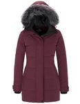 Wantdo Women’s Outdoor Winter Fleeced Lined Puffer Coat Long Warm Thicken Parka Coat Classic Ladies Water Resistant Padded Jacket Hooded Windproof Quilted Jacket Wine Red XL