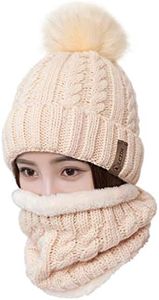 LCZTN Womens Pom Beanie Hat Scarf Set Girls Winter Ski Hat Slouchy Knit Cap with Fleece Lined (Beige)