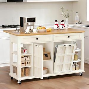 DWVO Kitchen Island with Drop Leaf, Tilt Out Trash Can Cabinet, Mobile Storage Islands with Power Outlet, Americana Rolling Island Table on Wheels with Open Shelves for Dining Room, Off White
