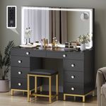 DWVO Vanity Desk with Lights and Stool, Power Outlet, 9 Drawers Makeup Table, Large LED Mirror with 3 Color Lighting Modes, for Bedroom and Dressing Room, Dark Black