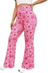 OYOANGLE Women's Plus Size Floral Print High Waisted Flared Leg Pants Bell Bottom Rave Trousers Hot Pink 4XL