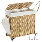 SONGMICS Laundry Hamper with Lid, 37 Gallons (140 L), Rolling Laundry Basket with Wheels, 3-Section Synthetic Rattan, Removable Liner, Bedroom, 26 x 13 x 26 Inches, Natural ULCB363N01