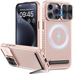 Vihibii Magnetic for iPhone 15 Pro Max Case with Kickstand & Slide Camera Cover, Mil-Grade Drop Protection Shockproof Protective Back Cover for iPhone 15 Pro Max, Rose Gold