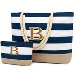 Becokan Initial Beach Bags for Women Canvas Tote Bag with Makeup Bag Travel Beach Essentials Personalized Gifts for Her, Dark Blue, L