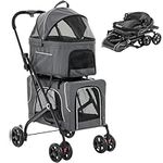 Maxmass 3 in 1 Pet Stroller, Folding Dogs Travel Carrier with Wheels, Safety Belt, Side Pockets, Breathable Mesh & Removable Pad, Pet Travel Cart for Dogs Cats (Grey)