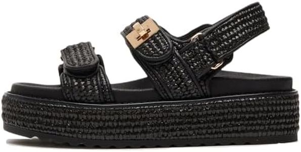 ZIXSAA Raffia Platform Sandals for Women Comfortable Casual Beach Sandals,Summer Open Toe Slingback Platform Woven Sandals Adjustable Buckle Strap Rattan Sandals, Black, 9