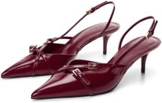 MICIFA Slingback Kitten Heels for Women Pointed Toe Stiletto Heels Slip On Pumps with Buckled Straps Dress Work Heeled Sandals, 1-burgundy, 8