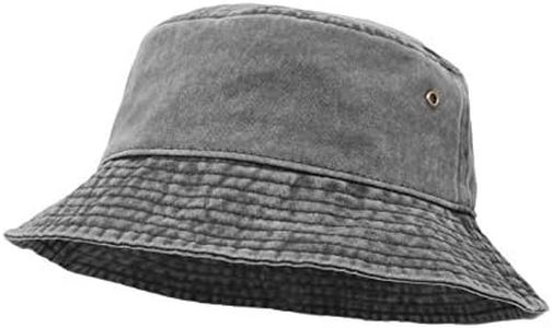 Bucket Hat, Wide Brim Washed Denim Cotton Outdoor Sun Hat Flat Top Cap for Fishing Hiking Beach Sports Grey