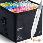 Ohuhu Colouring Pens 104 Colours Permanent Marker Pens Dual Tip Brush & Fine Sketch Marker for Artist, Students, Brush Markers for Sketching, Adult Coloring Calligraphy Drawing Illustration