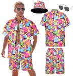 Mens Hawaiian Shirt and Shorts Set 4Pcs Hawaiian Shirts Men Outfit Set for Beach Vacation with Fisherman's Hat Sunglasses (Purple, 2XL)