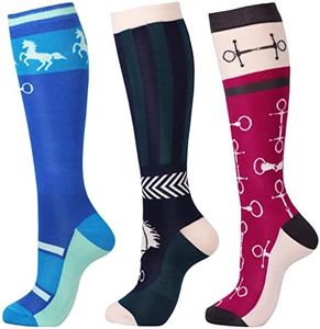 Harrison Howard 3 Pairs Premium Quality Equestrian Riding Socks for Horse Riding &Tall Boot Knee High Socks for Women, Slimline Horse Bits, One Size