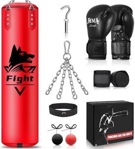 4FT Hanging Punching Bag for Adults, Super PU Leather Boxing Training Equipment Heavy Bag with 12OZ MMA Gloves, Unfilled Kicking Bag Boxing Set for Training Karate Kickboxing Muay Thai