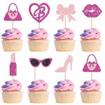 ZHUOWEISM 24 PCS Princess Cupcake Toppers Glitter Pink Girl Cupcake Picks Handbag Glasses Bow Lipstick Tie High Heel Cake Decorations for Bridal Shower Baby Shower Birthday Party Supplies Rose Red