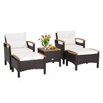 HAPPYGRILL 5 Pieces Patio Furniture Set Outdoor PE Wicker Lounge Chair and Ottoman Set with Cushions and Side Table with Acacia Wood Tabletop, Outdoor Conversation Set for Garden Poolside Backyard