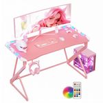 BEXEVUE Gaming Desk with LED Armor, 100x60 cm RGB Computer Desk with Carbon Fiber and Z Frame Design Gaming PC Desk with Head Phone Hook for E-sport Gamer Table, Easy Assemble Home Office desk, Pink