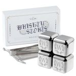 Whiskey Stones Gifts Set with Initial for Men & Women, 4pcs Stainless Steel Whiskey Rocks with Pouch and Tong, Chilling Ice Cubes Initial Gifts for Whiskey Lovers, Dad, Mom, Grandpa, Uncle - W