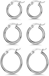 3 Pairs 925 Sterling Silver Hoop Earrings | Small White Gold Plated Hoop Earrings for Women (13mm, 15mm, 20mm)