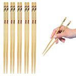 RIANZ Set of 5 Pairs Designer Natural Wooden Round Bamboo Reusable Chopsticks, Size 23 Cm (Design 3)