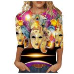 Sdwingk Mardi Gras Outfit for Women 3/4 Sleeve T-Shirt Casual Crew Neck Tshirt Carnival Shirts Print Holiday Printed Tops