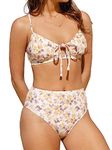 CUPSHE Women Bikini Set Mid Waisted Bottom Floral Crisscross Back Tie Scoop Neck Cut Out Two Piece Swimsuits Swimming Costume Yellow Floral M